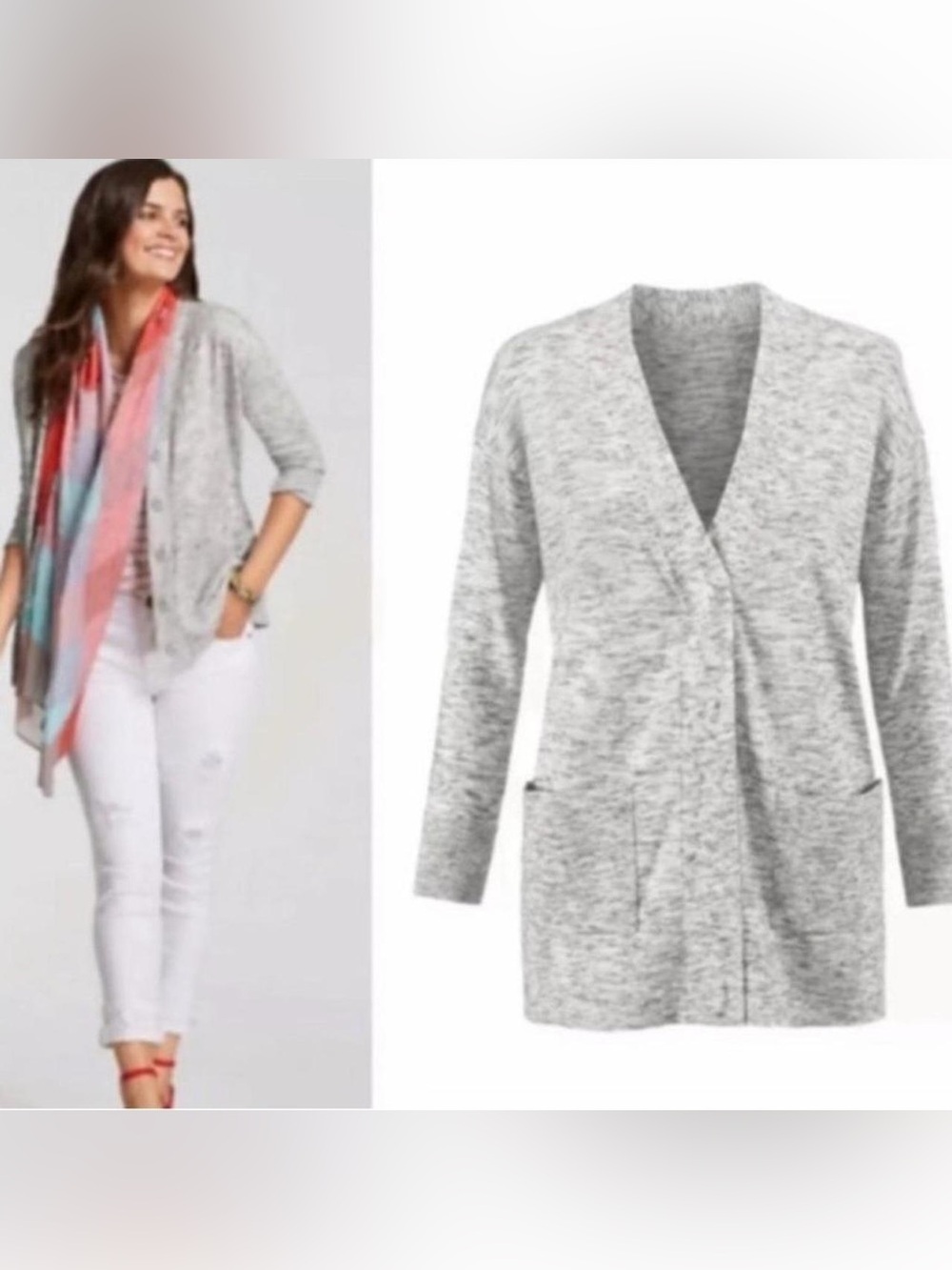 CAbi Gray Heather Marble Knit Snap Front V-Neck Cardigan Pockets Size XL